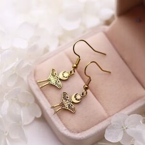 Gold Celestial Moth Crescent Moon Sun Drop Earrings 304 Stainless Steel 1.5"